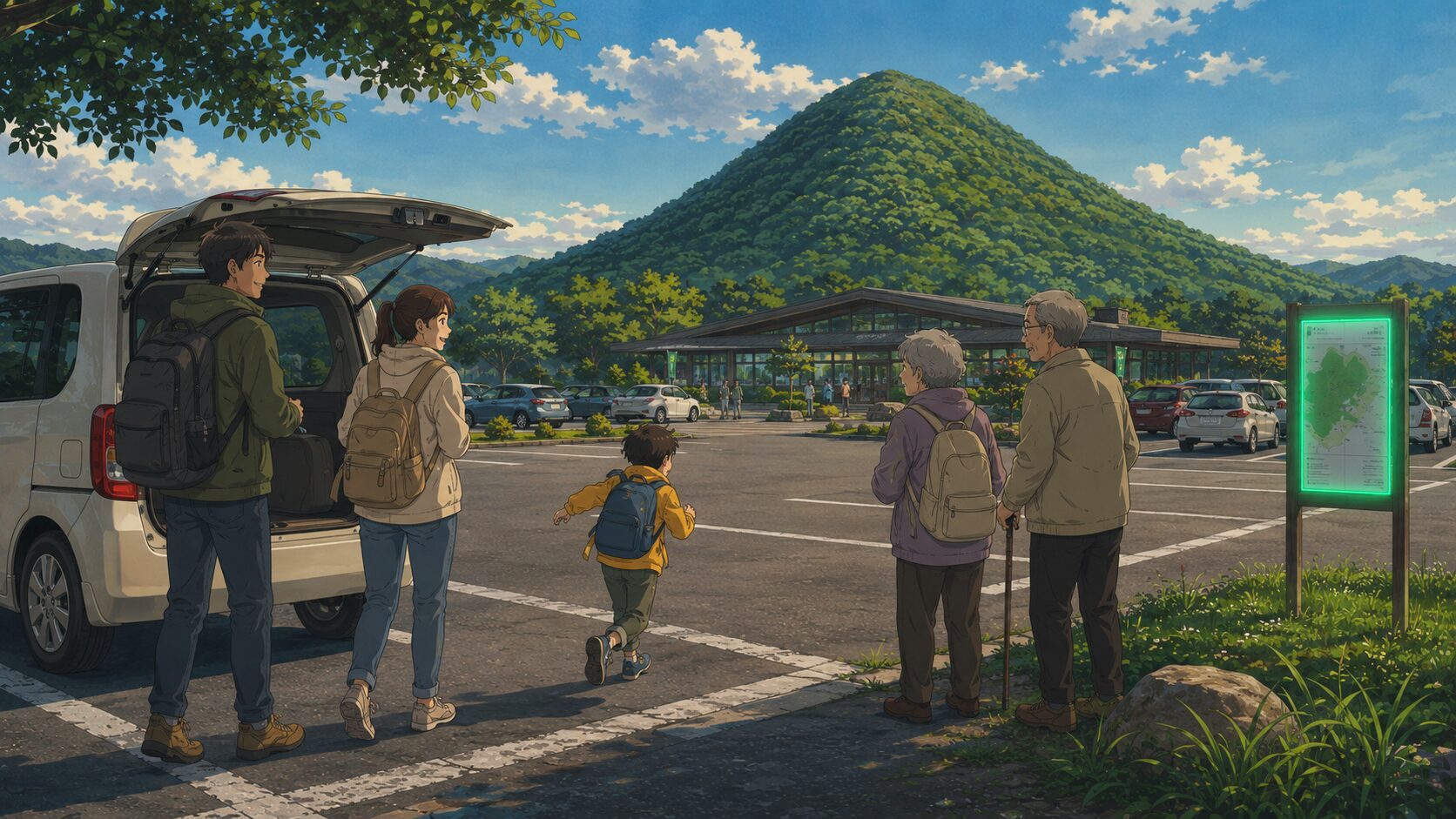 A three-generation family parking at the free Ōyu Stone Circle Museum lot