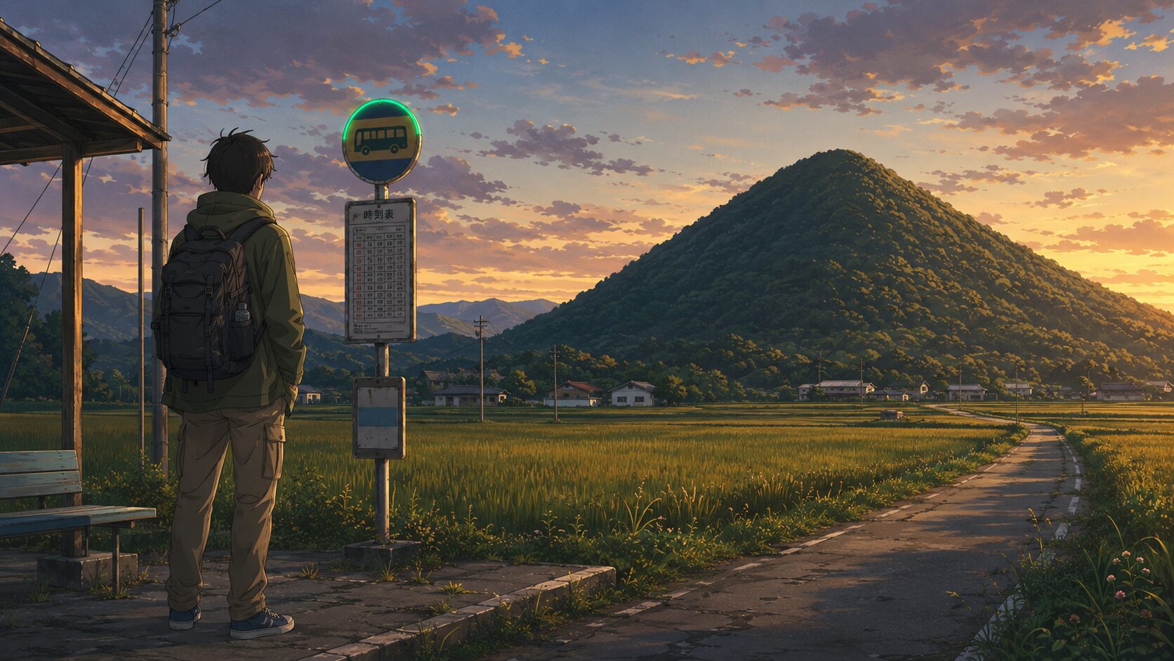 A solo traveler seen from behind at a quiet rural bus stop