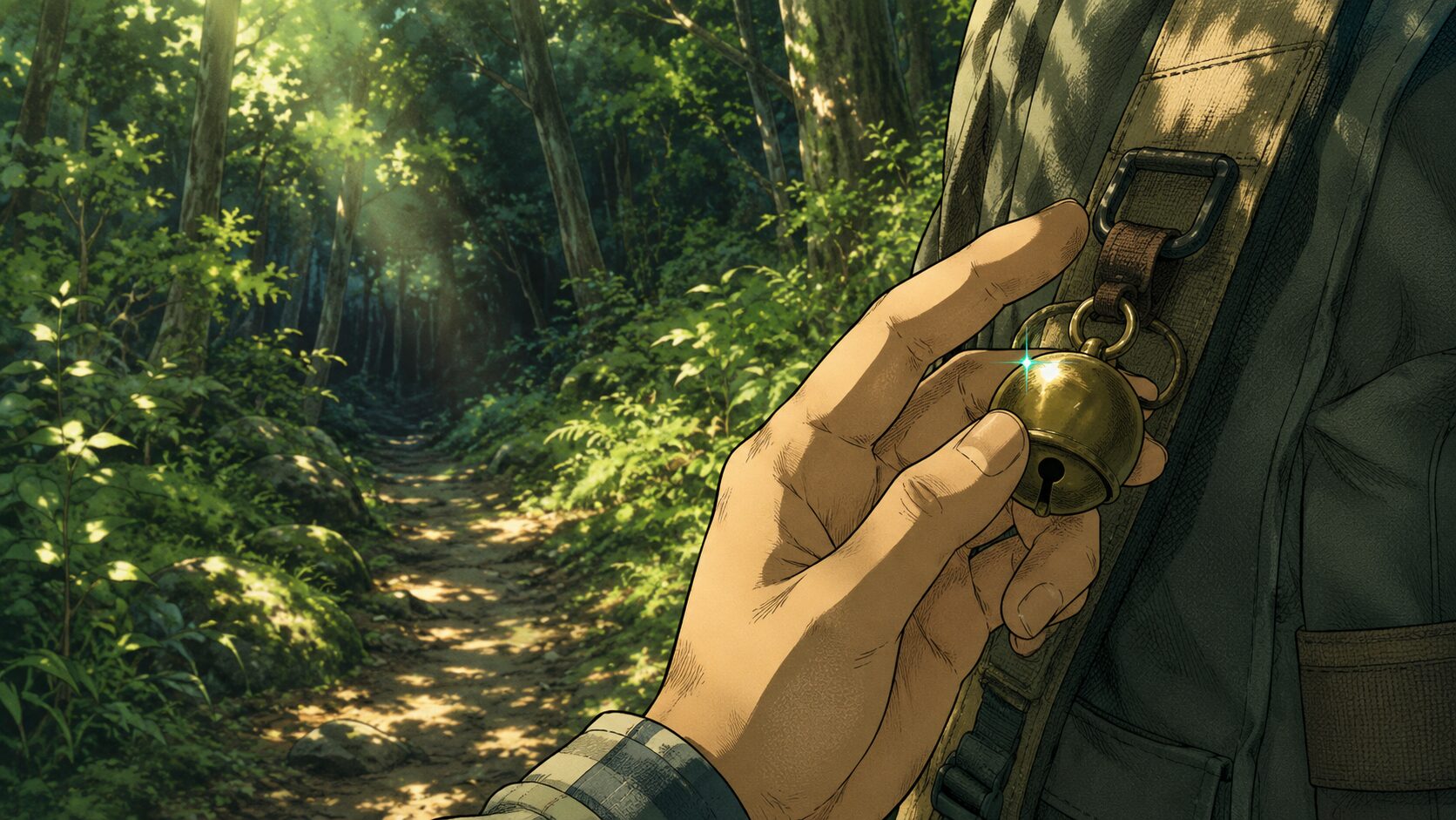 A hand gripping a bear bell at the trailhead
