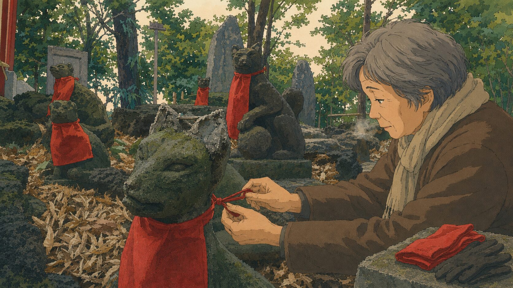 顔立ちの違う狐たちと、名もなき手の赤い前掛け