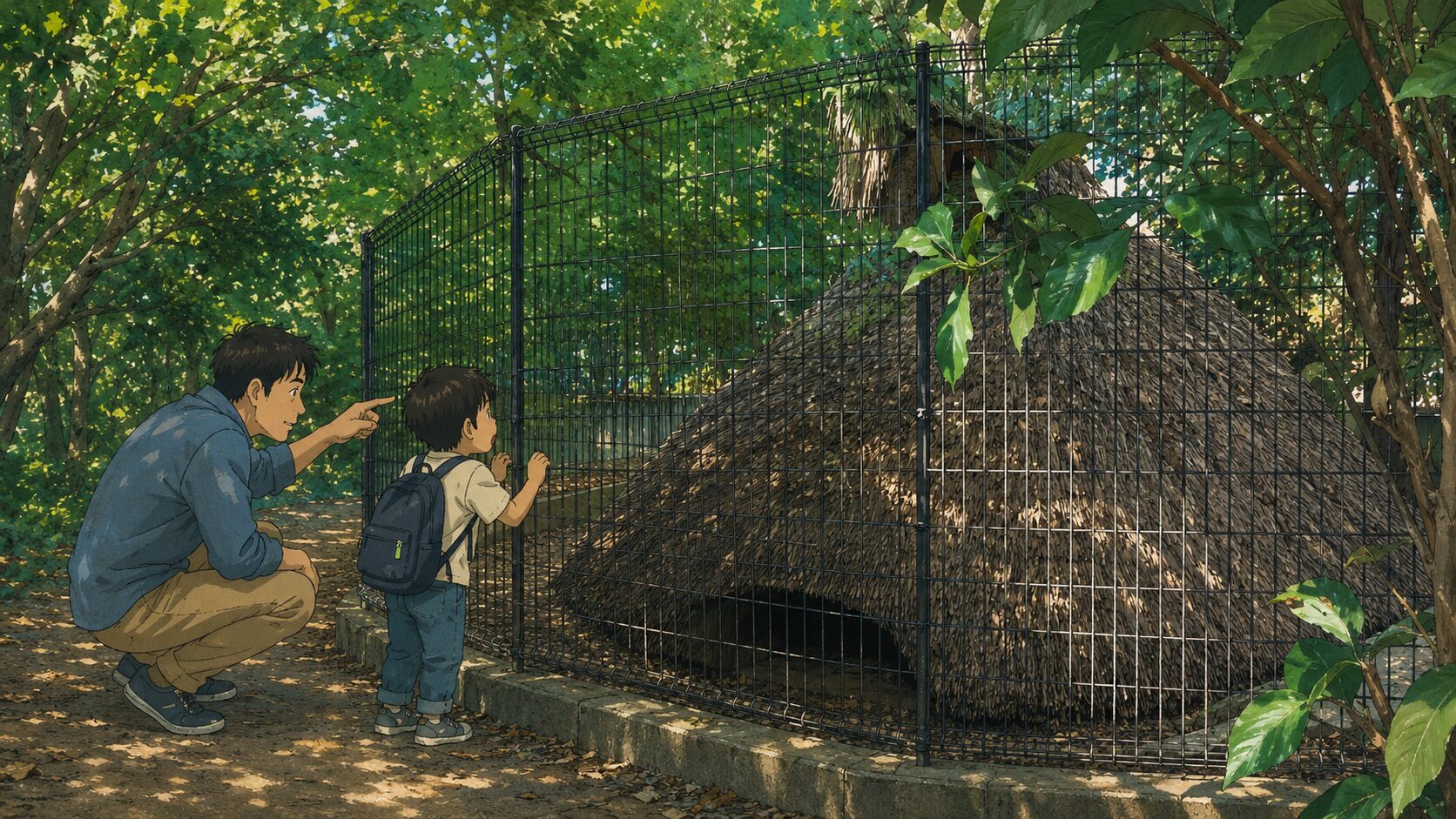 柵越しに復元竪穴住居をのぞく親子