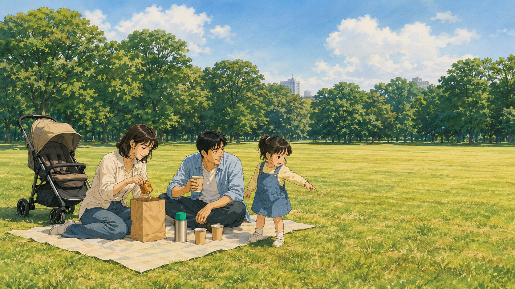 代々木公園の芝生で過ごす家族