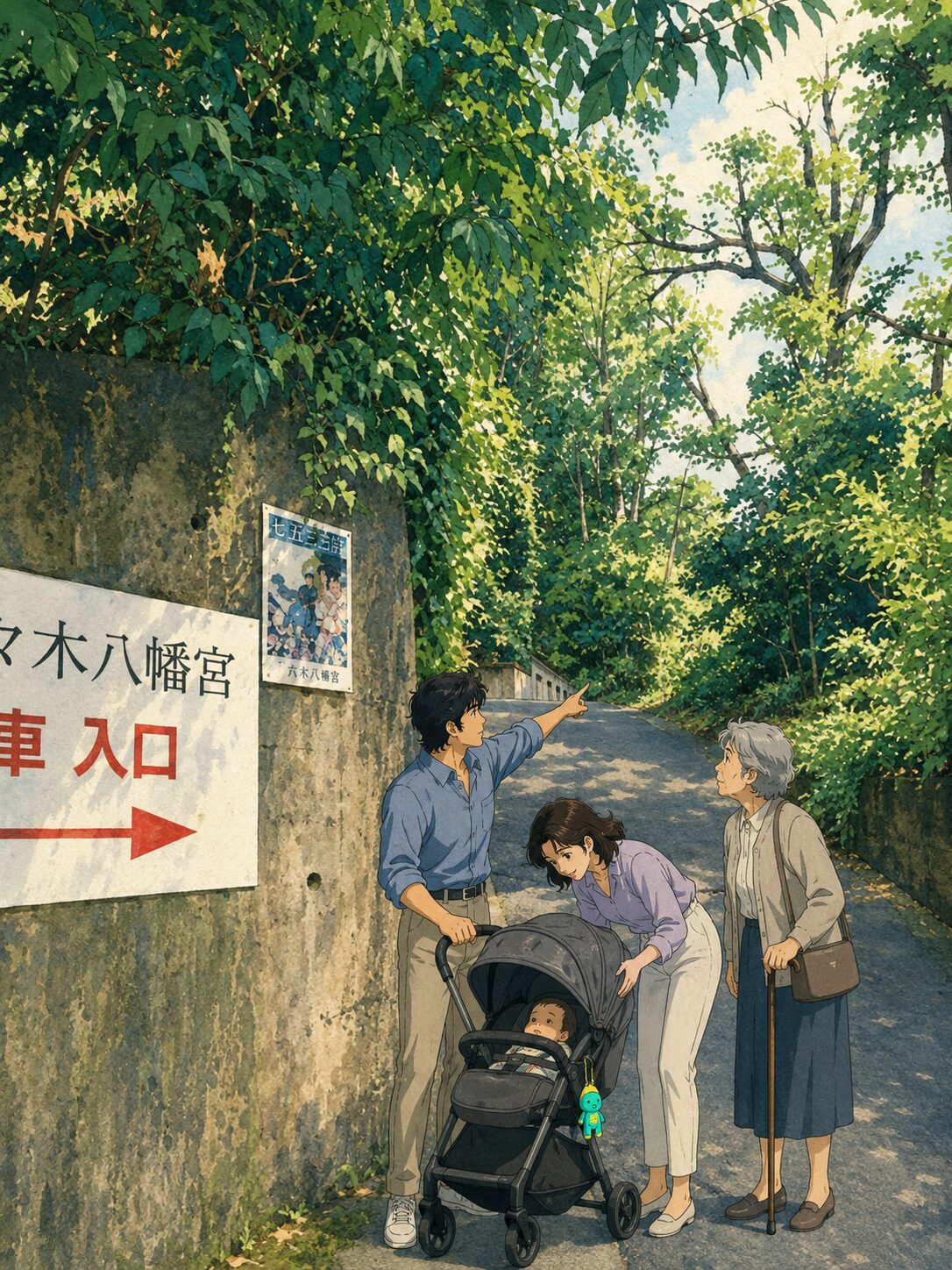 石段の下で立ち止まる家族と、右手に続く坂道